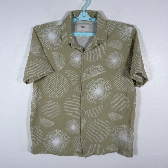 Folk Shirt Mens XL Green Button Up Short Sleeve Camp Collar Beach Casual - Picture 1 of 8